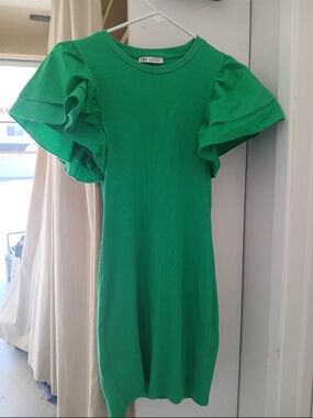 Zara Kids Emerald Green Ruffle-Sleeve Casual Dress
